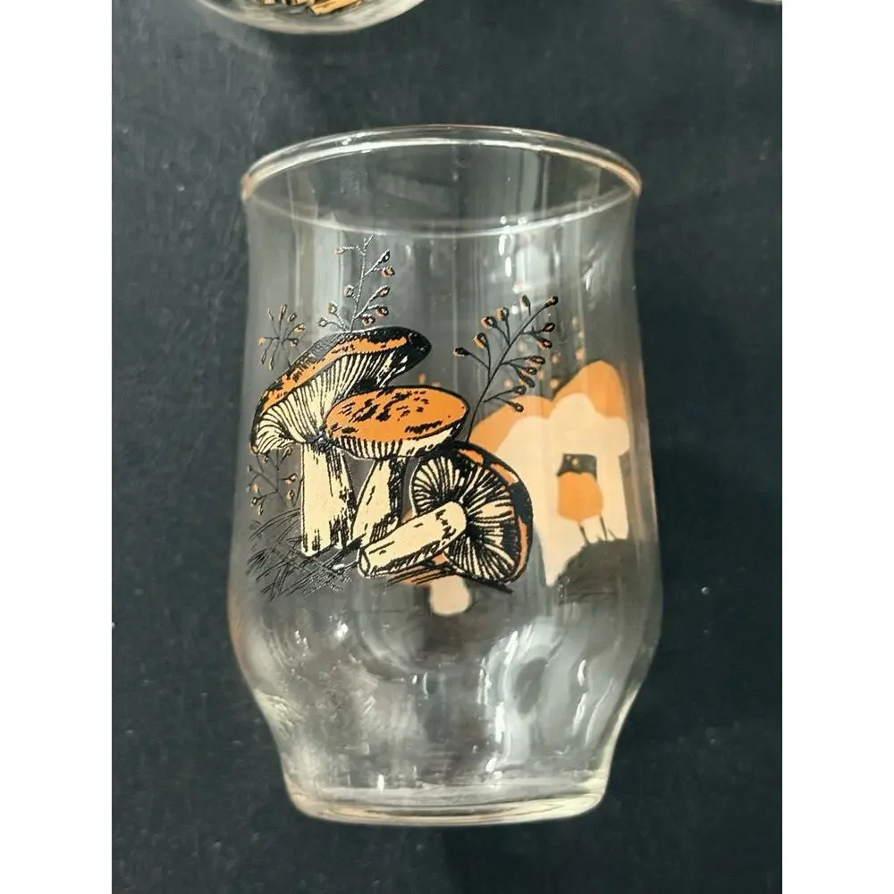1970s Mushroom Juice Glasses Set of 3 Orange Toadstool Cottagecore Retro Barware